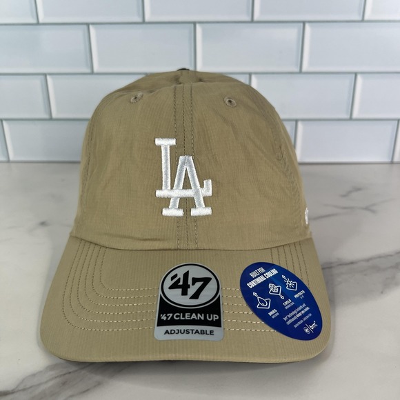 Los Angeles Dodgers Hat Cap Strap Back Mens Tan White MLB Baseball Cooling OSFA - Picture 1 of 13